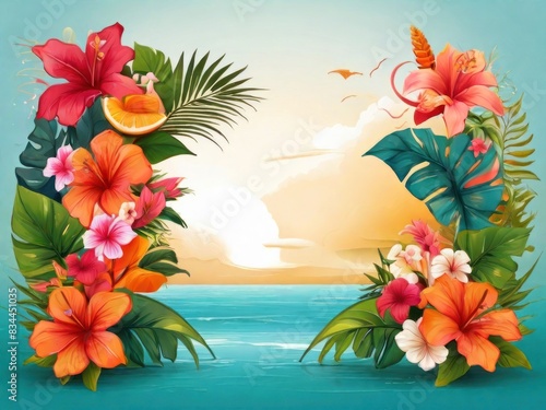 summer vibes, cool and holiday mode, with palm trees and ocean vibes, background design