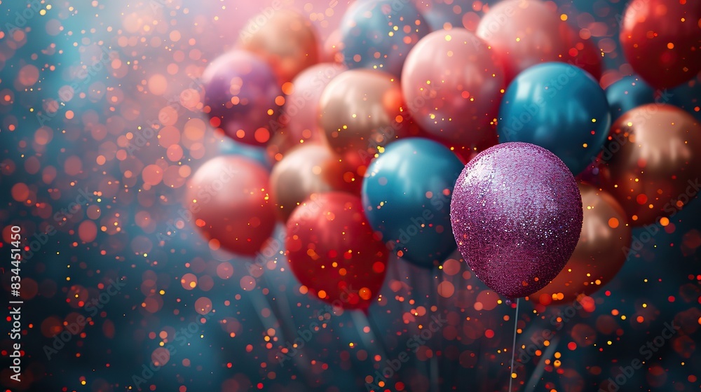 A bright backdrop featuring a cascade of glitter and balloons. - Event decoration background A bright backdrop featuring a cascade of glitter and balloons. - Event decoration background