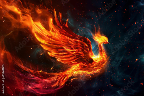 Elegant and powerful phoenix with fire on its wings. A bird with wings of fire. Generative AI