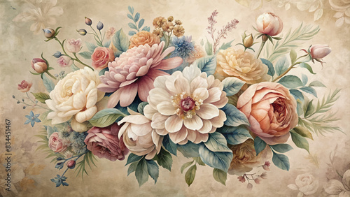 Vintage style bouquet of flowers watercolor background