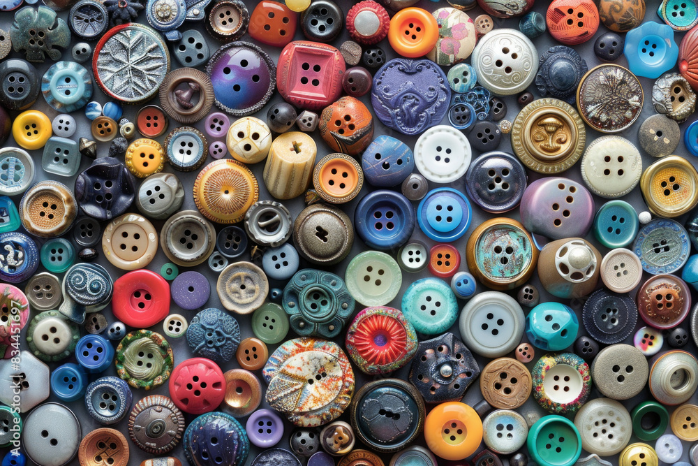 A densely packed collection of buttons in various shapes, sizes, and colors, covering the entire frame. The buttons range from simple round ones to ornate designs, with hues spanning the rainbow.