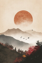 Deken met foto Japandi stijl Minimalist Japandi art, zen poster with geometric shapes  © kabzarchyk