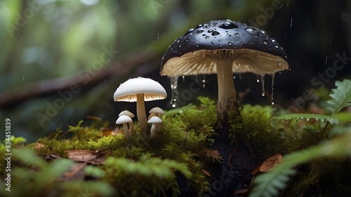 In the clearing beneath the raindrops in the forest, there is a white mushroom. In the jungle, a black beetle scribes on hat boletus. amazing work of art. photo