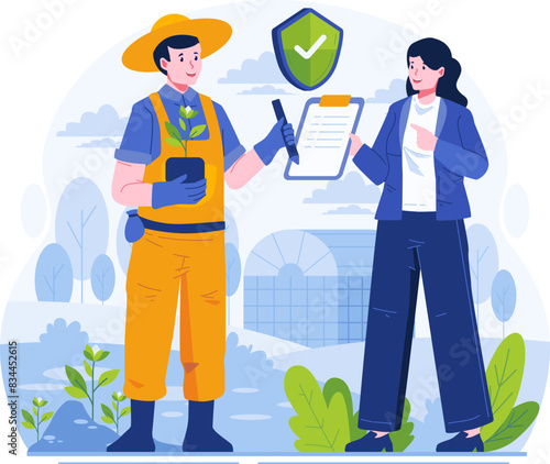 A Male Farmer Signs an Insurance Policy Paper Document Offered by a Female Agent. Farmer Insurance Concept Illustration