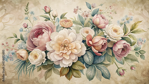 Vintage style bouquet of flowers watercolor background