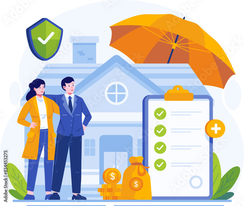 House Insurance Illustration. A Happy Couple With a House Covered by Insurance. Home Protection Insurance Concept