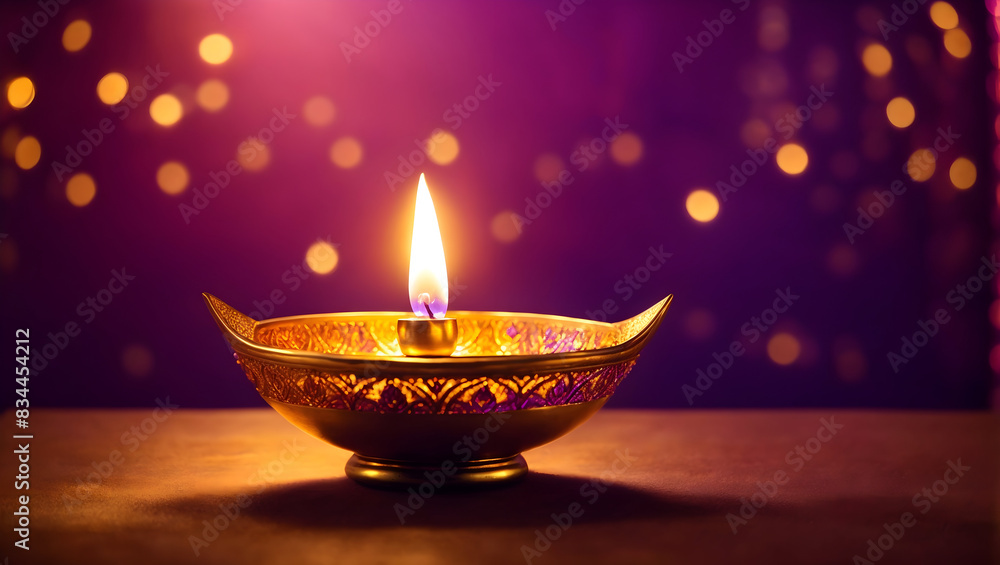 A glowing diya lamp surrounded by a halo of twinkling bokeh lights A glowing diya lamp surrounded by a halo of twinkling bokeh lights