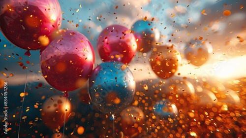 A celebratory scene with golden confetti and colorful balloons. - Event decoration background