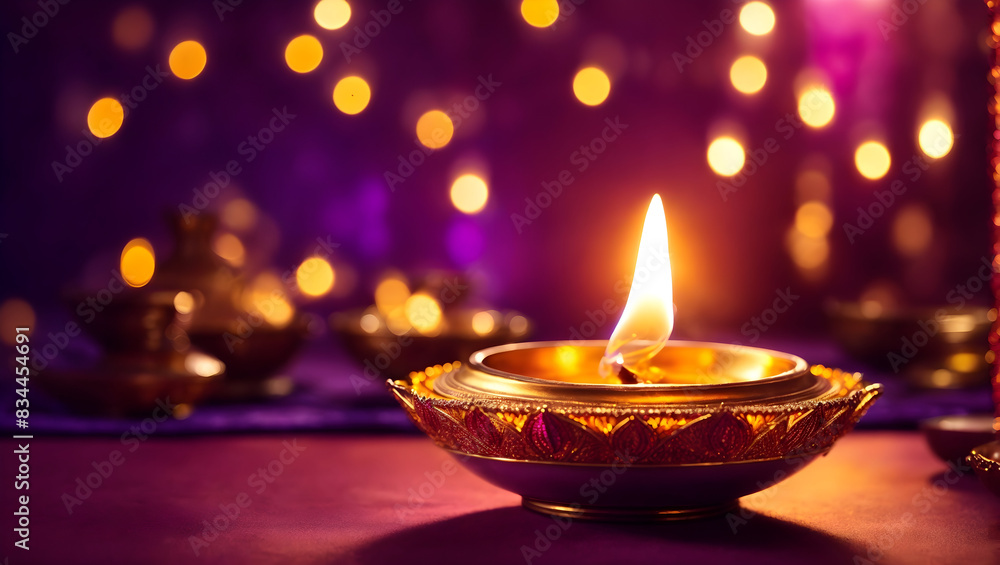 A glowing diya lamp surrounded by a halo of twinkling bokeh lights A glowing diya lamp surrounded by a halo of twinkling bokeh lights