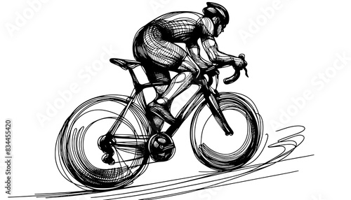 Cycling. Vector illustration of a sporty man bicycle racer pedaling her bike so fast. Vector continuous line. Olympic sports. Continuous line drawing. Cycling competition poster