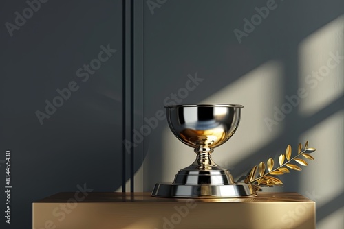 minimalist silver and golden, a cup trophy standing on solid metallic podium