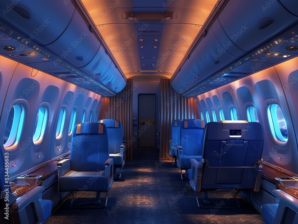 Fototapeta premium A 3D render of an airplane interior during a nighttime flight with ambient lighting and calm atmosphere