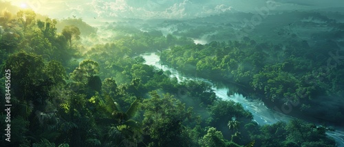 Aerial view of a lush tropical jungle with a winding river at sunrise, beautiful landscape showcasing dense greenery and vibrant nature.