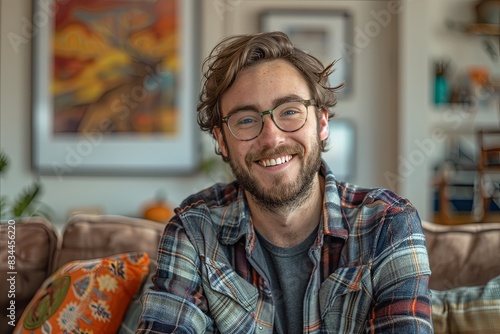 portrait of a smiling man sitting on a couch at home 