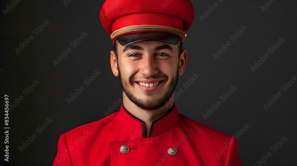 Friendly Young Bellhop in Red Uniform Happily Assisting Hotel Guests with Welcoming Smile Friendly Young Bellhop in Red Uniform Happily Assisting Hotel Guests with Welcoming Smile