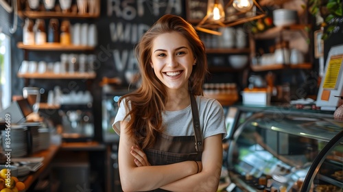 Friendly Young Businesswoman Smiling in Her Cafe or Restaurant © CYBERUSS