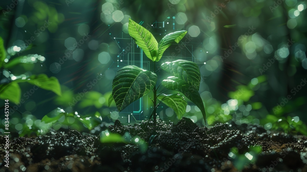 Close-up of a small plant sprout in a forest, symbolizing nature, technology, and growth, with digital elements representing innovation. Close-up of a small plant sprout in a forest, symbolizing nature, technology, and growth, with digital elements representing innovation.