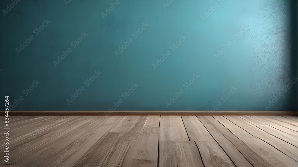 Blue turquoise empty wall and wooden floor with interesting with glare from the window. Interior background for the presentation. Blue turquoise empty wall and wooden floor with interesting with glare from the window. Interior background for the presentation.