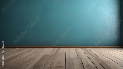 Blue turquoise empty wall and wooden floor with interesting with glare from the window. Interior background for the presentation. © Sajjad