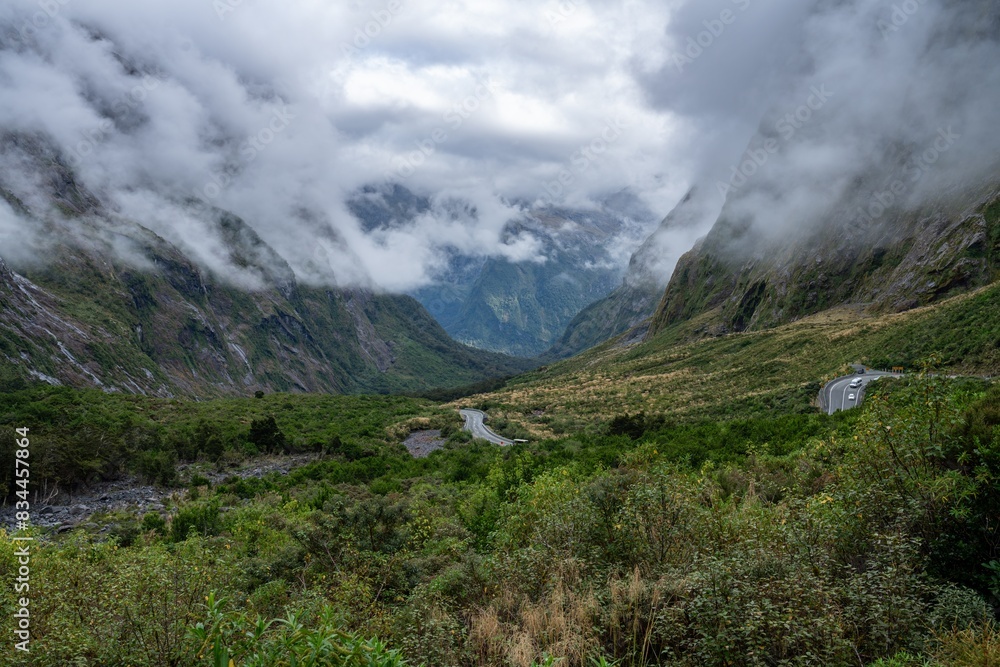 Fototapeta premium Mountains leading into Milford Sound, Fiordland, New Zealand.