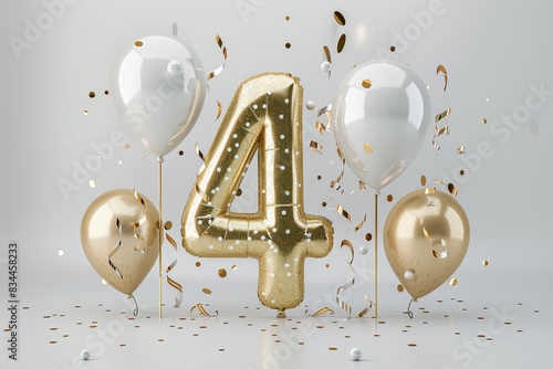 The number "4", birthday design with balloons, party favors, ribbons, confetti and glitter, white and gold colors? on a solid color background 