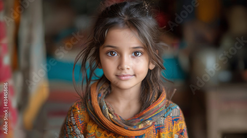 Cute Child. Faint smile with happiness. The little girl in her room. Kid. 85mm F1.2 