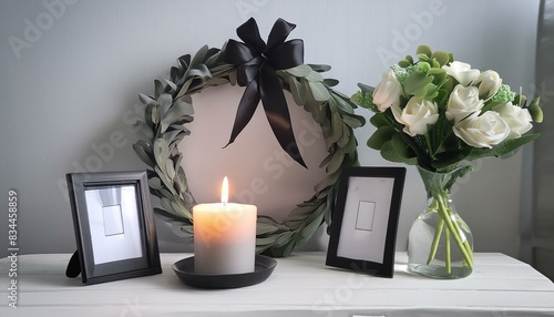 Indoors there is a photo frame adorned with a black ribbon a burning candle placed on a light grey table and a wreath of plastic flowers positioned near the wall. 