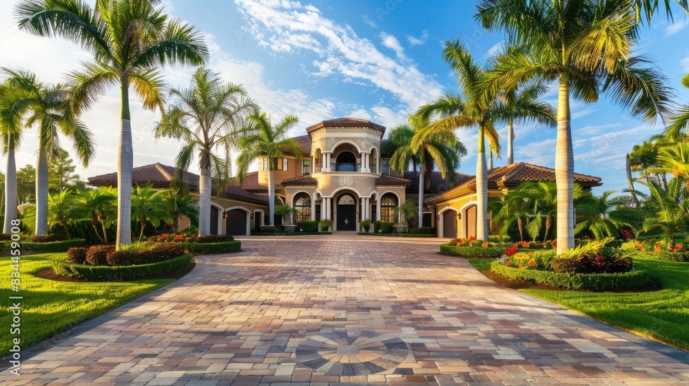 photo of beautiful home in florida with palm trees and large driveway, front view