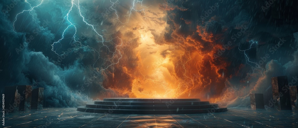 Dramatic image of a mystical staircase leading to fiery clouds and lightning, creating a surreal and otherworldly atmosphere. Dramatic image of a mystical staircase leading to fiery clouds and lightning, creating a surreal and otherworldly atmosphere.
