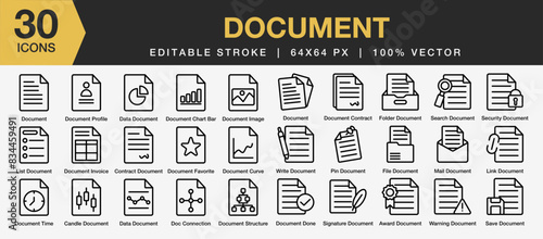 Set of 30 Document icon set. Editable Stroke Icon Collection. Includes profil, file, security, signature, analisis dokument and More. Outline icons vector collection.