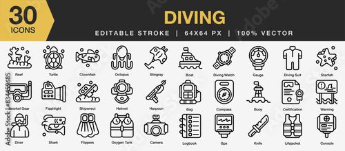 Set of 30 Diving icon set. Editable Stroke Icon Collection. Includes reef, diver, flippers, harpoon, diving suit and More. Outline icons vector collection.