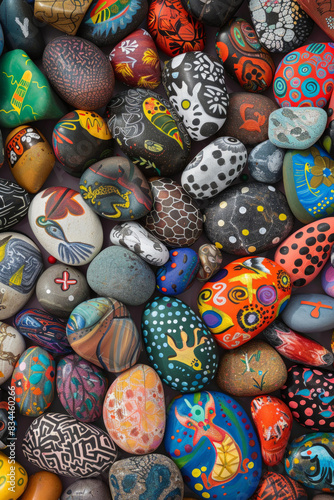 A dense collection of small rocks painted with various designs and colors, filling the entire frame. The rocks display patterns, animals, and abstract art, creating a whimsical and creative background
