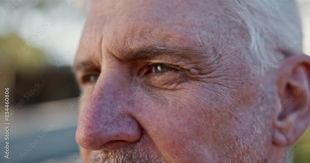 Senior, man and closeup with thinking outdoor in city for reflection, vision and eyesight with fresh air. Elderly, person and face with beard in urban street with wondering, thoughtful and looking Senior, man and closeup with thinking outdoor in city for reflection, vision and eyesight with fresh air. Elderly, person and face with beard in urban street with wondering, thoughtful and looking