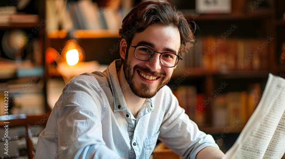 Happy Young Editor Focused on Work in Cozy Office Library Happy Young Editor Focused on Work in Cozy Office Library