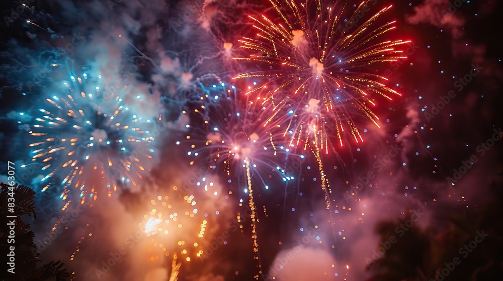Fototapeta premium A celebratory scene with sparkling fireworks against a dark sky. - Event decoration background