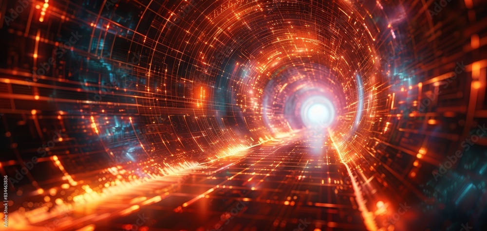 Fototapeta premium Futuristic digital tunnel with bright neon lights, depicting a concept of fast data transfer and advanced technology.