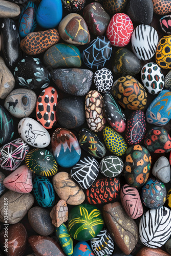 A dense collection of small rocks painted with various designs and colors  filling the entire frame. The rocks display patterns  animals  and abstract art  creating a whimsical and creative background