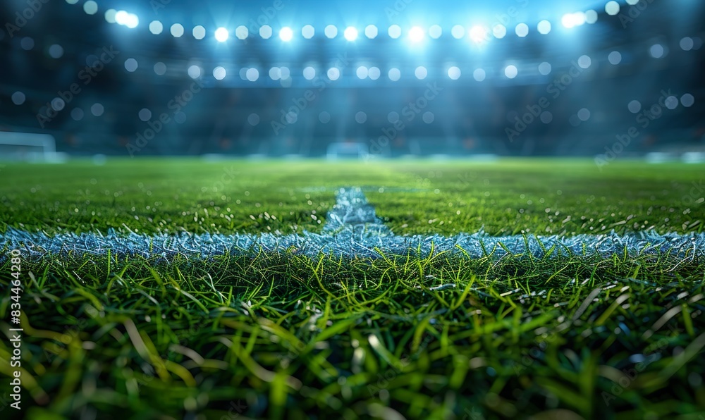 Naklejka premium Illuminated Football Stadium at Night with Bright Floodlights Shining on the Green Grass Field, Ready for a Soccer Match, Creating a Dramatic and Exciting Atmosphere