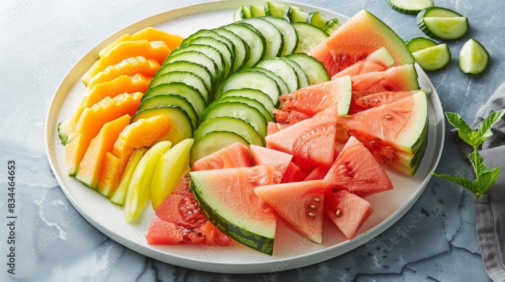 A plate of water-rich fruits like cucumbers and watermelon slices, arranged in a colorful pattern. --ar 16:9 --style raw Job ID: 06a59e58-e0b5-43d2-bb1c-fc4c7589f1b4 A plate of water-rich fruits like cucumbers and watermelon slices, arranged in a colorful pattern. --ar 16:9 --style raw Job ID: 06a59e58-e0b5-43d2-bb1c-fc4c7589f1b4