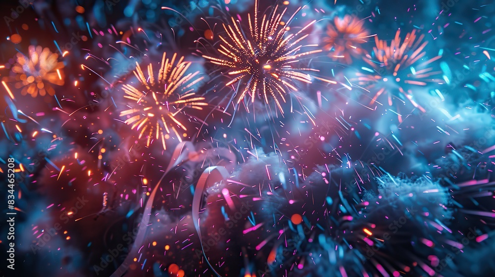Fototapeta premium A cheerful celebration with a burst of fireworks and ribbons. - Event decoration background
