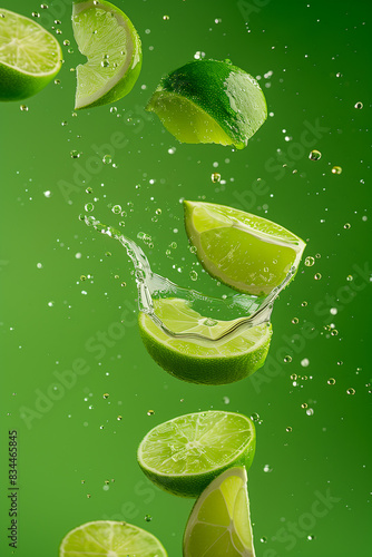 Fresh  juicy green lime slices levitate and fall. Bright green background. Splash of water and flying drops. Refreshing lime juice. Concept for cosmetics  juice  packaging  advertising.