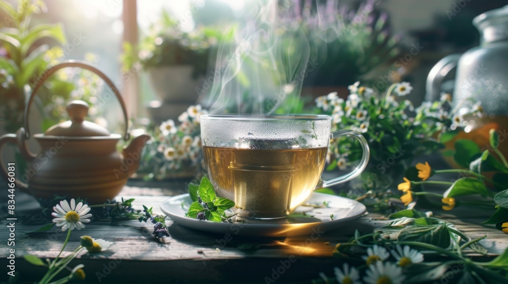 A cup of steaming herbal tea with a tea infuser, surrounded by fresh herbs and a teapot. --ar 16:9 --style raw Job ID: 39de27a2-6f39-48f4-abb4-f60942e48fc2