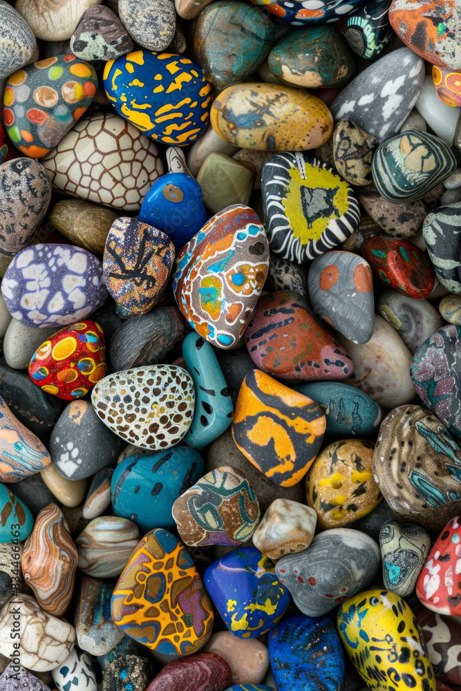 A dense collection of small rocks painted with various designs and colors, filling the entire frame. The rocks display patterns, animals, and abstract art, creating a whimsical and creative background A dense collection of small rocks painted with various designs and colors, filling the entire frame. The rocks display patterns, animals, and abstract art, creating a whimsical and creative background