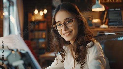 Happy Young Professional Woman Working at Desk with Books photo