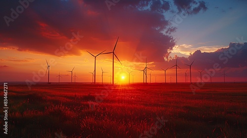 A wind farm at sunset with turbines silhouetted against the sky