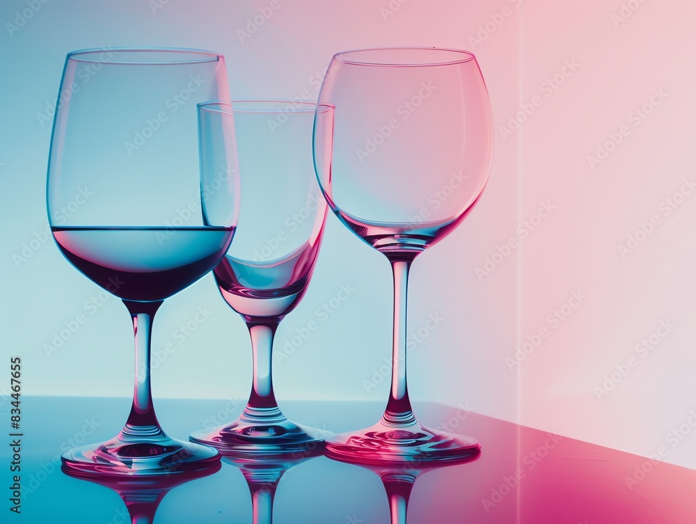 Three empty glasses on a reflective surface illuminated by colorful neon lights. Three empty glasses on a reflective surface illuminated by colorful neon lights.