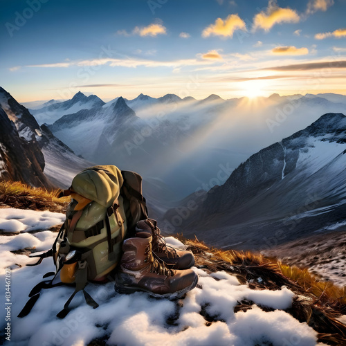 mountain peak nestled in the snow kissed alps captured in a realistic photograph that mirror, montaing backpack and boots photo