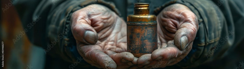 Worn hands holding a small, rusted bottle, showcasing the beauty of age and the history it represents, in a close-up detailed shot. Worn hands holding a small, rusted bottle, showcasing the beauty of age and the history it represents, in a close-up detailed shot.