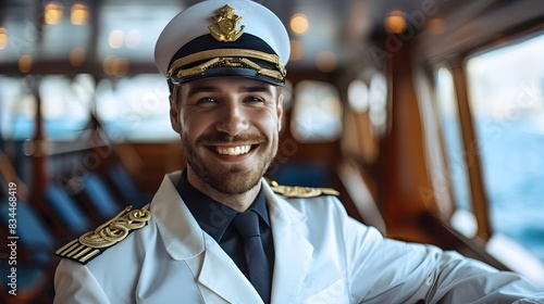 Smiling Cruise Ship Captain in Formal Uniform on the Bridge photo