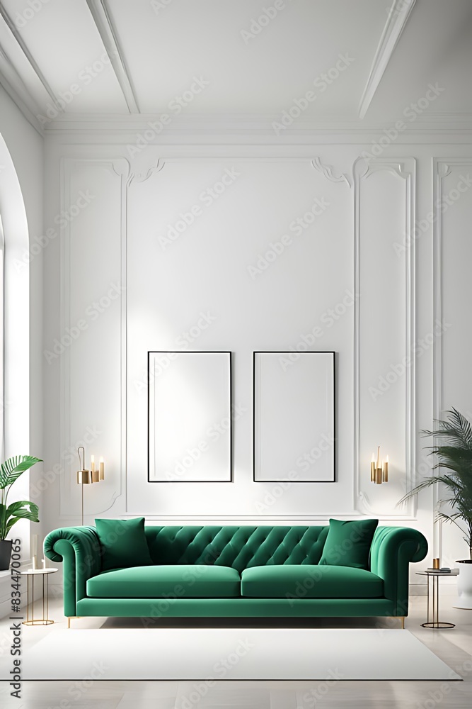 Premium Living Room with White Walls and Emerald Green Sofas. Lounge Furniture and Empty Space for Art or Pictures. Rich Minimal Interior Design. Mockup Luxury Lounge or Reception Office. 3D Render Premium Living Room with White Walls and Emerald Green Sofas. Lounge Furniture and Empty Space for Art or Pictures. Rich Minimal Interior Design. Mockup Luxury Lounge or Reception Office. 3D Render